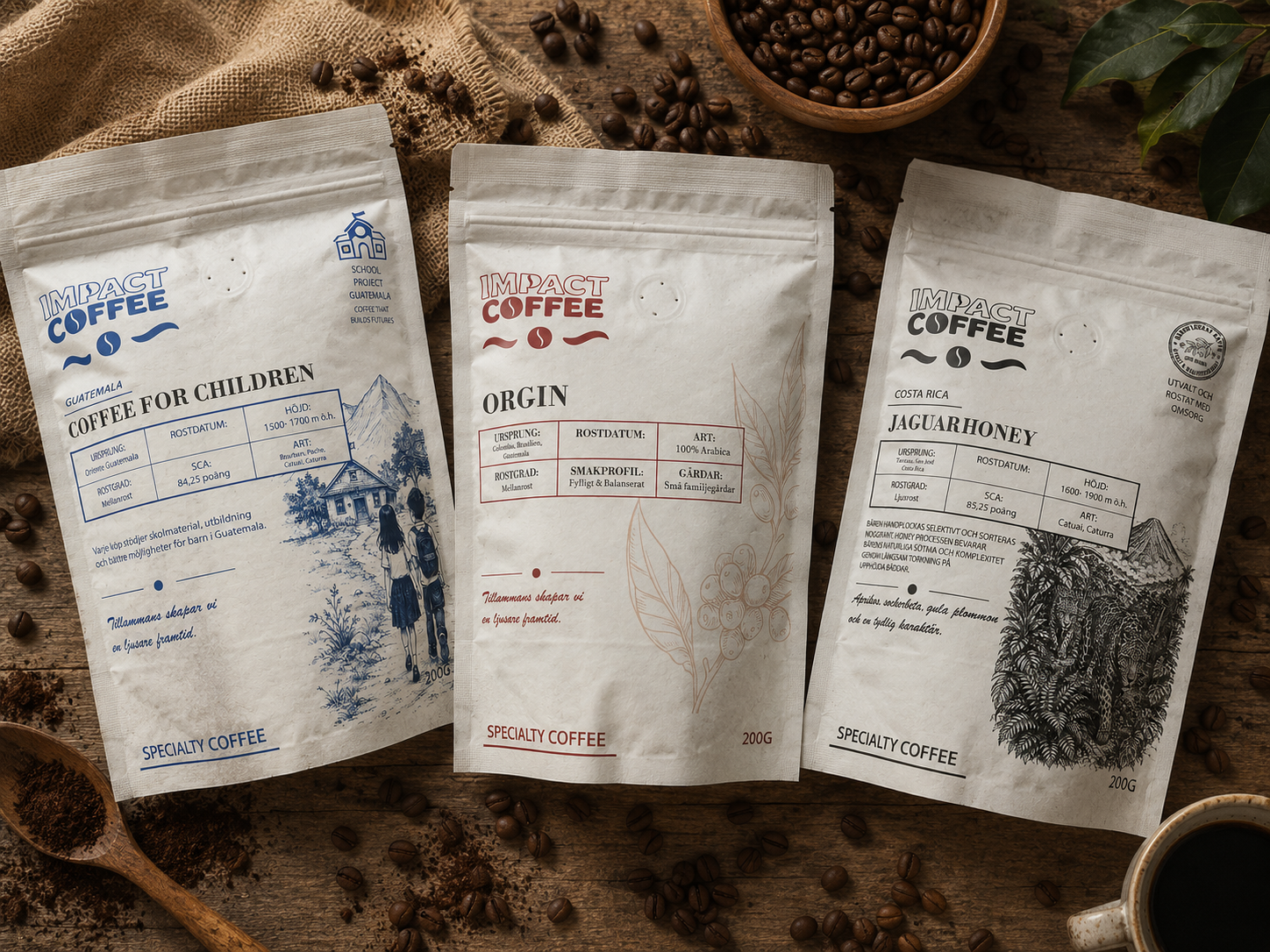 Kaffeförpackningar från Impact Coffee